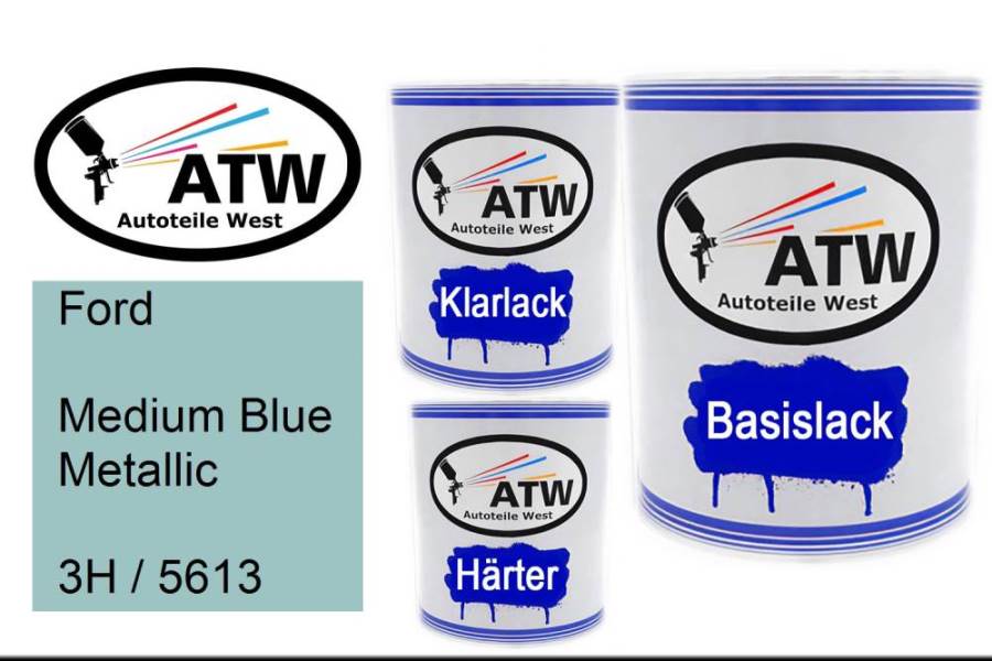 Ford, Medium Blue Metallic, 3H / 5613: 1L Lackdose + 1L Klarlack + 500ml Härter - Set, von ATW Autoteile West.